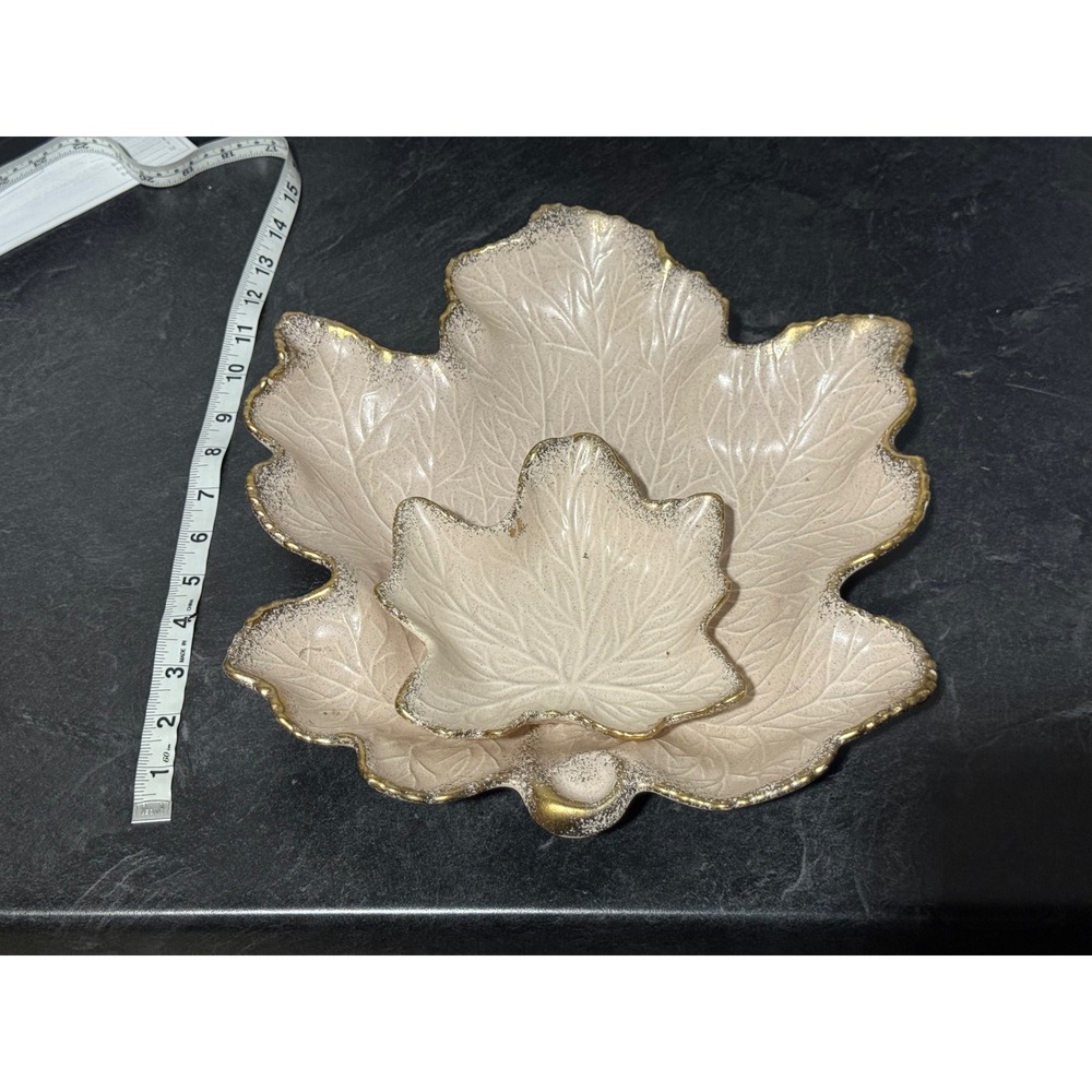 Vtg California Pottery Retro Chip Dip Set Snack Light Pink Pastel Maple Leaf MCM